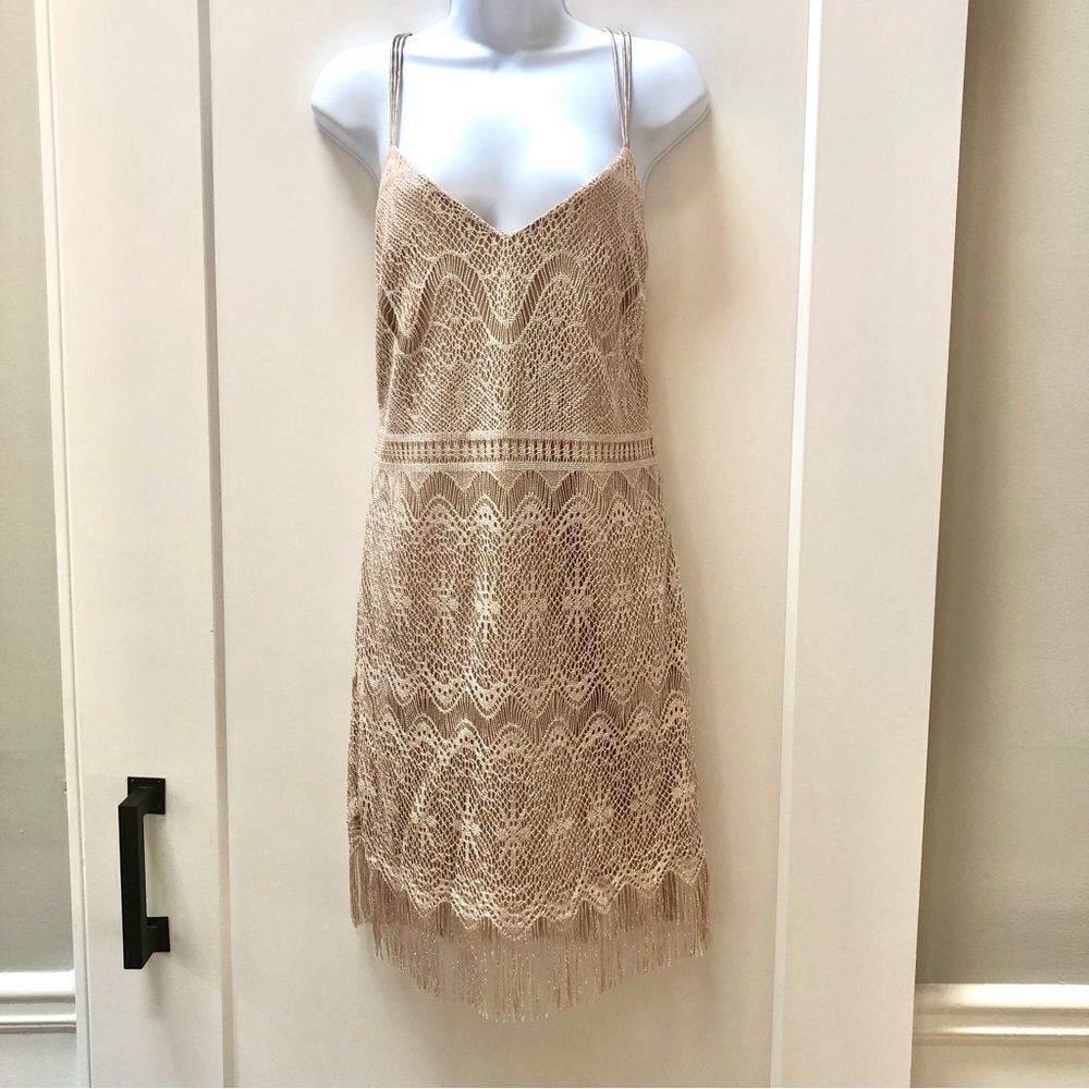 Jessica Simpson golden metallic‎ lace cocktail fringe dress woman’s size 2